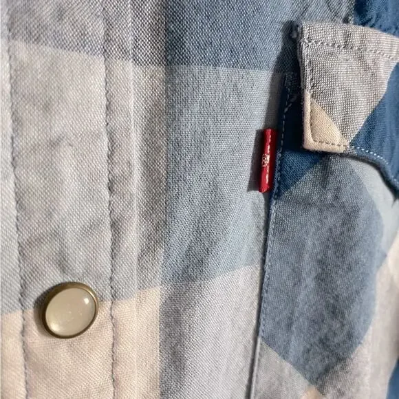 Levi’s Shirt Mens L Blue Checkered Short Sleeve Pearl Snap Western Cowboy Casual - Picture 5 of 11